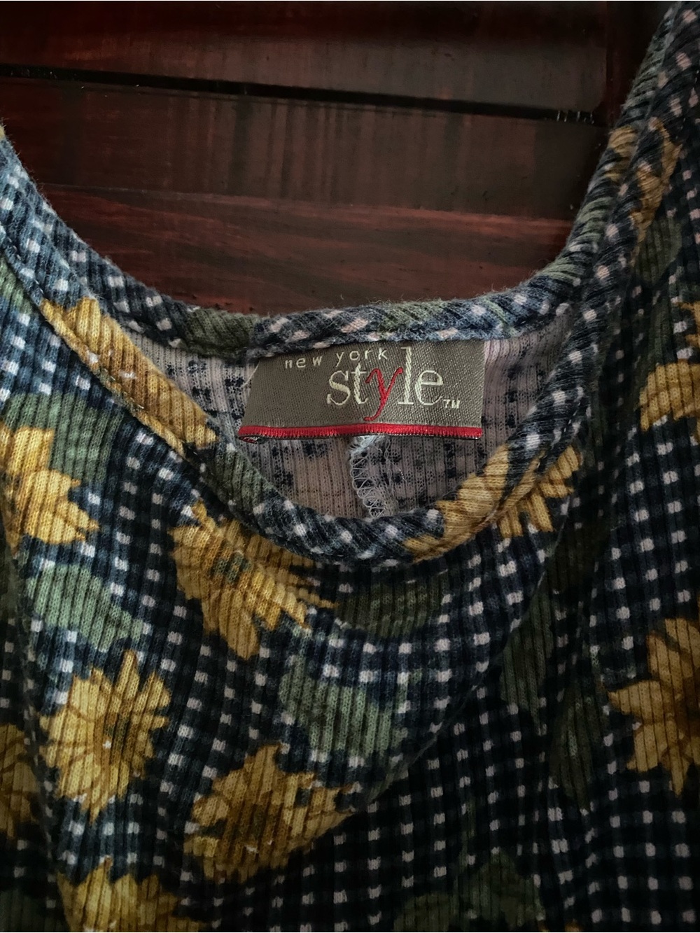 New York Style Floral Plaid Knit Top - Yellow & Green Flowers on Navy
